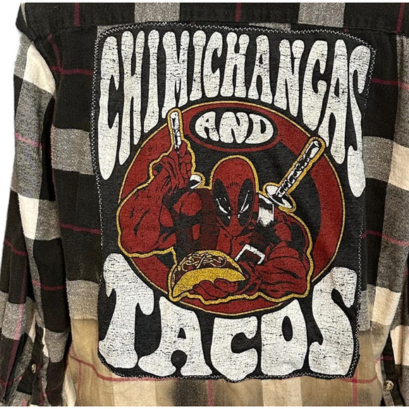 Deadpool Tacos Plaid Flannel Shirt XL Oversize Shacket Upcycle Unique Marvel - Picture 2 of 7